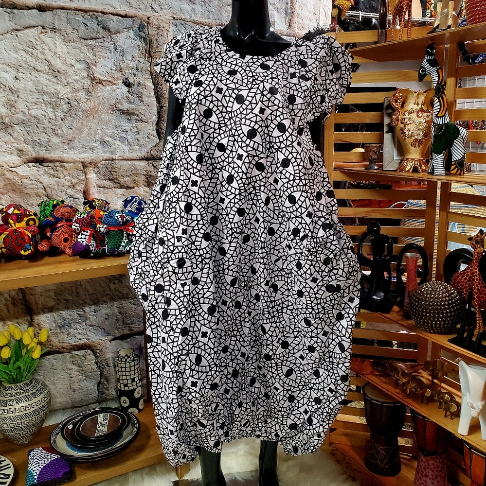 Geometric Elegance: Black and White African Print Dress